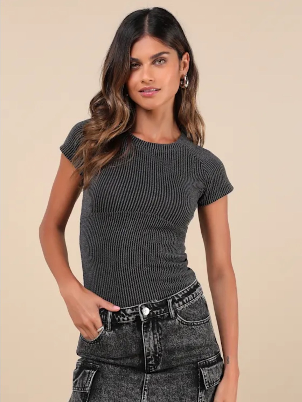 Lulus NWT Definitely the Cutest Charcoal Textured Seamed Cap‎ Sleeve Top medium